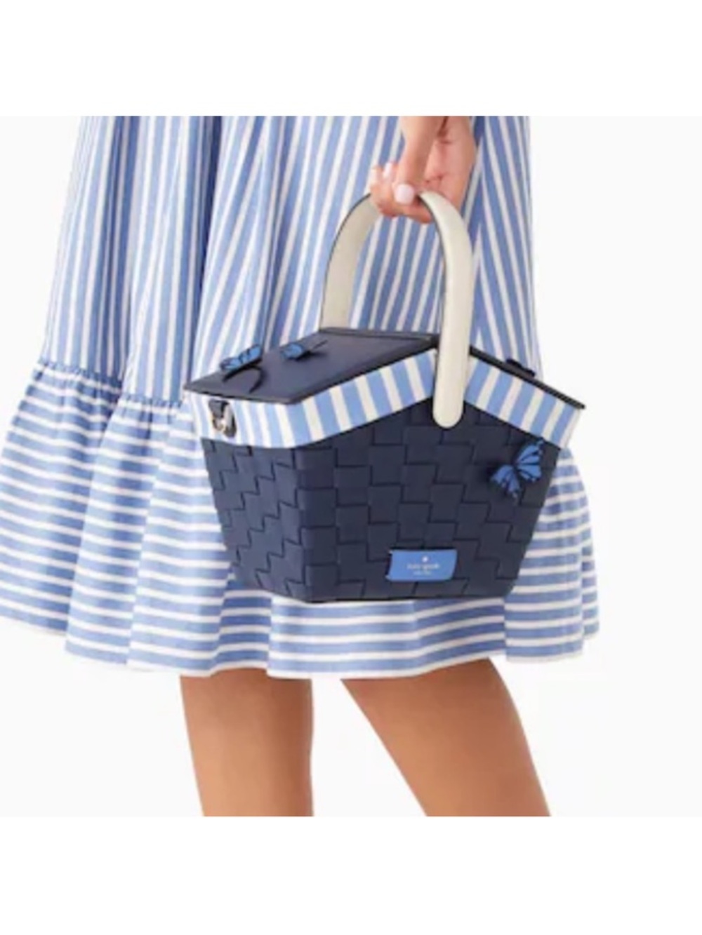 kate spade Navy Woven Picnic Basket Bag with Blue Stripes - Picture 10 of 12